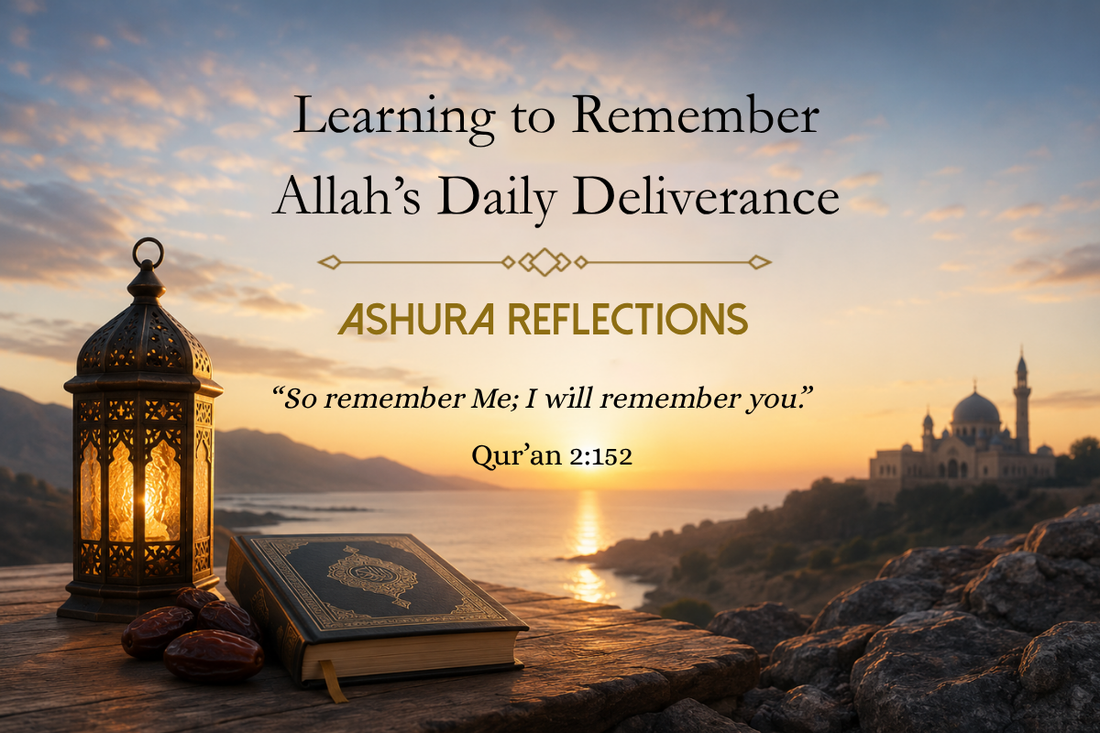 Golden sunrise over calm water with a lantern, Qur'an, and dates symbolizing gratitude, remembrance, and Allah's daily deliverance during Ashura.
