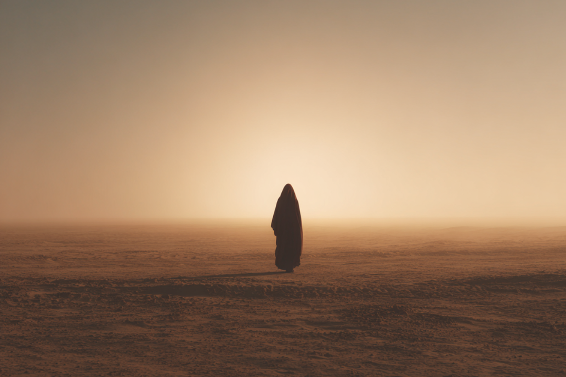 A solitary woman standing in a vast desert landscape symbolizing Hajar’s trust in Allah and the meaning of tawakkul.