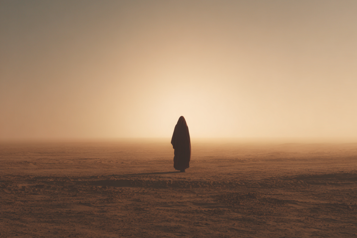 A solitary woman standing in a vast desert landscape symbolizing Hajar’s trust in Allah and the meaning of tawakkul.