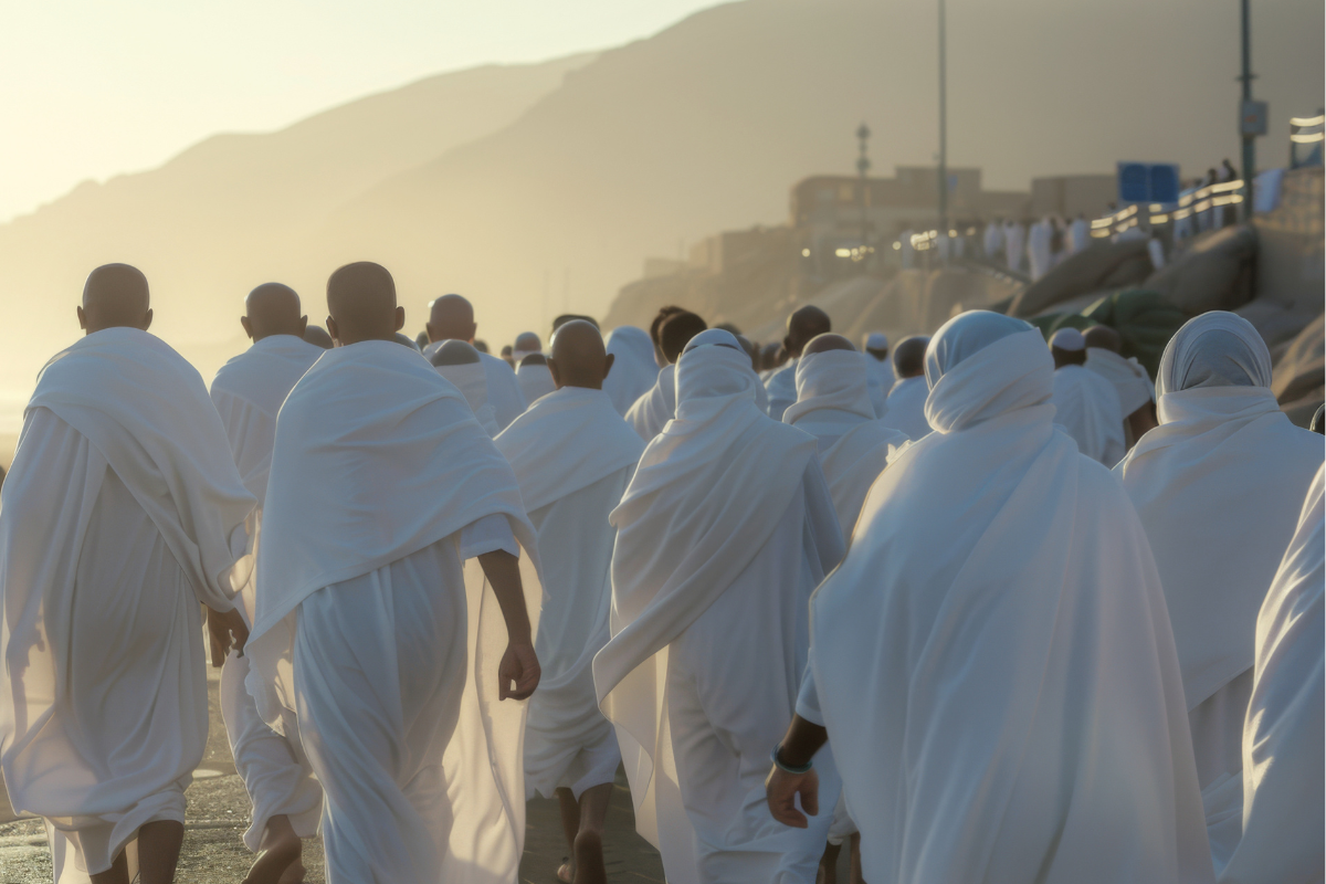 Pilgrims answering the call to Hajj and walking together in ihram.