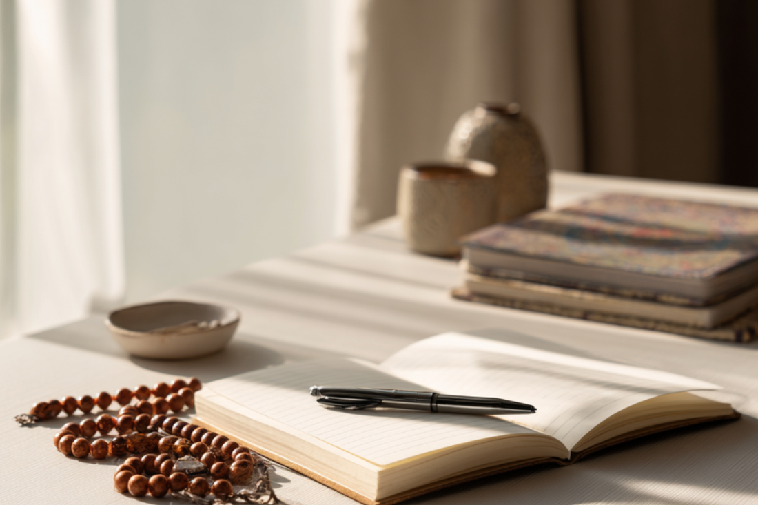 Notebook and tasbeeh beads on a desk representing reflection and consistency in daily prayer (Salah)