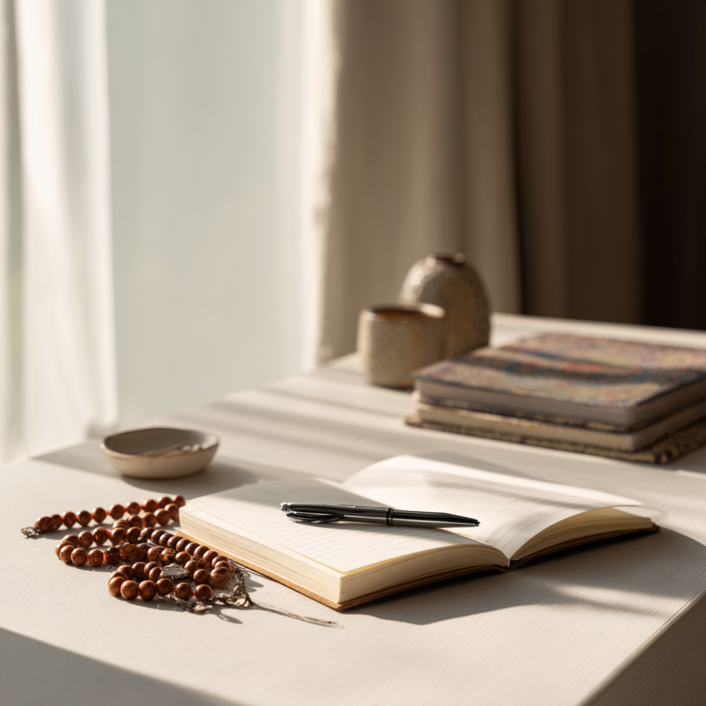 Notebook and prayer beads representing reflection and consistency in daily Muslim prayer