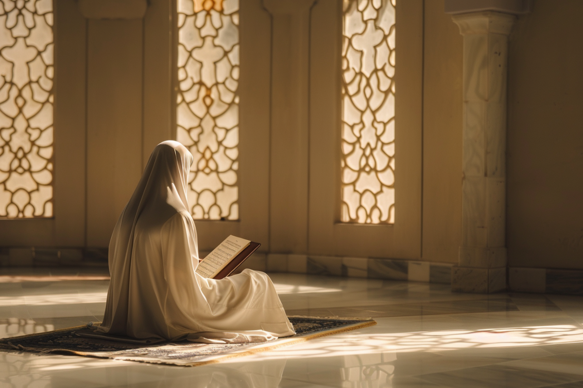 Muslim woman sitting quietly in a mosque reading Qur’an in soft light, representing slow and steady spiritual learning and personal growth
