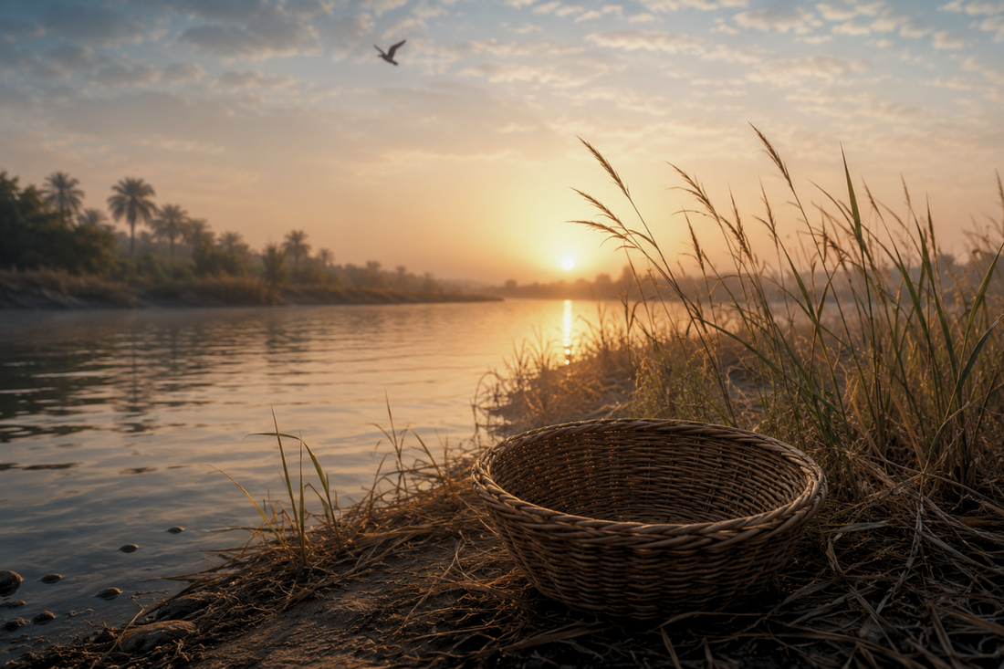 An empty woven basket beside a calm river at first light, reflecting the faith and trust that marked the beginning of Prophet Musa's journey.
