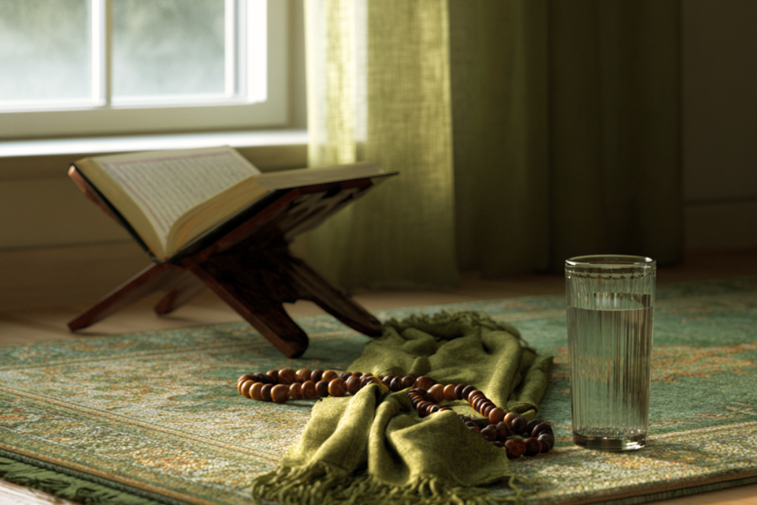 Prayer rug with Qur'an on a stand, glass of water, and prayer beads in soft pre-dawn light before a day of fasting and worship.