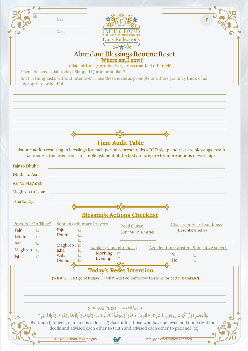 Faith & Focus Abundant Blessings Routine Reset Worksheet