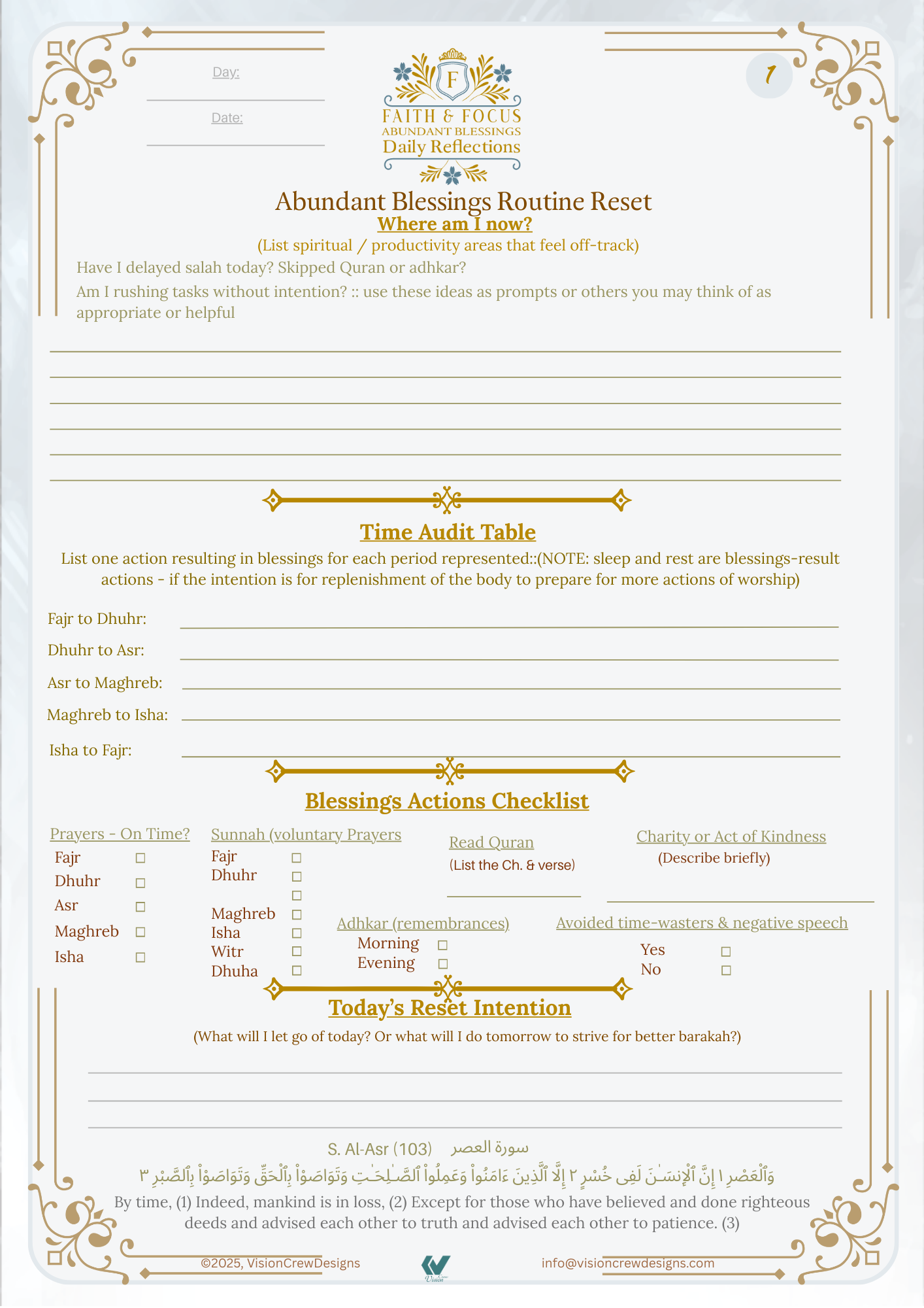 Faith & Focus Abundant Blessings Routine Reset Worksheet