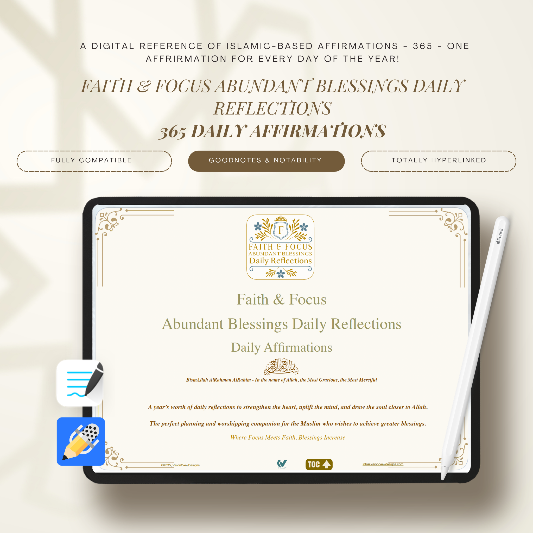 Islamic digital planner affirmations journal compatible with GoodNotes and Notability apps for iPad use