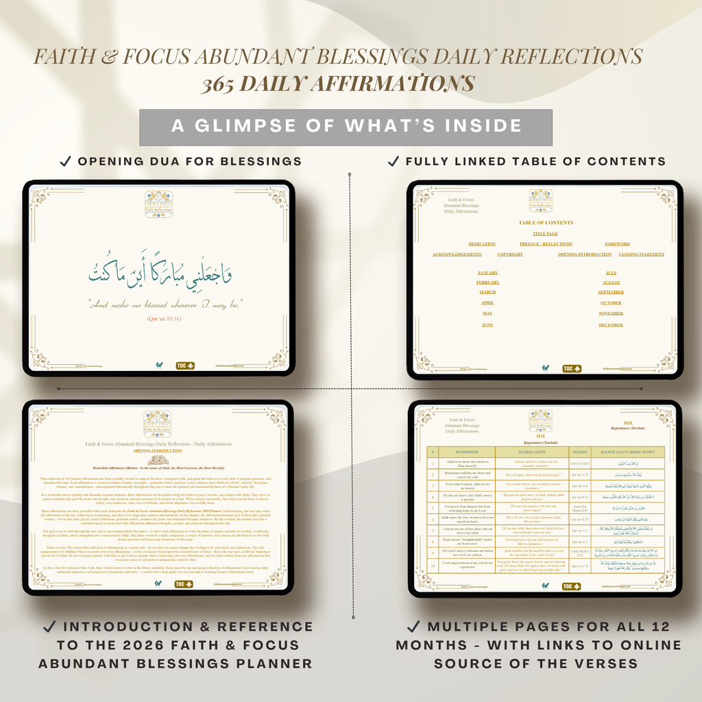 Preview of Islamic affirmations journal pages including table of contents introduction and structured daily reflection layout