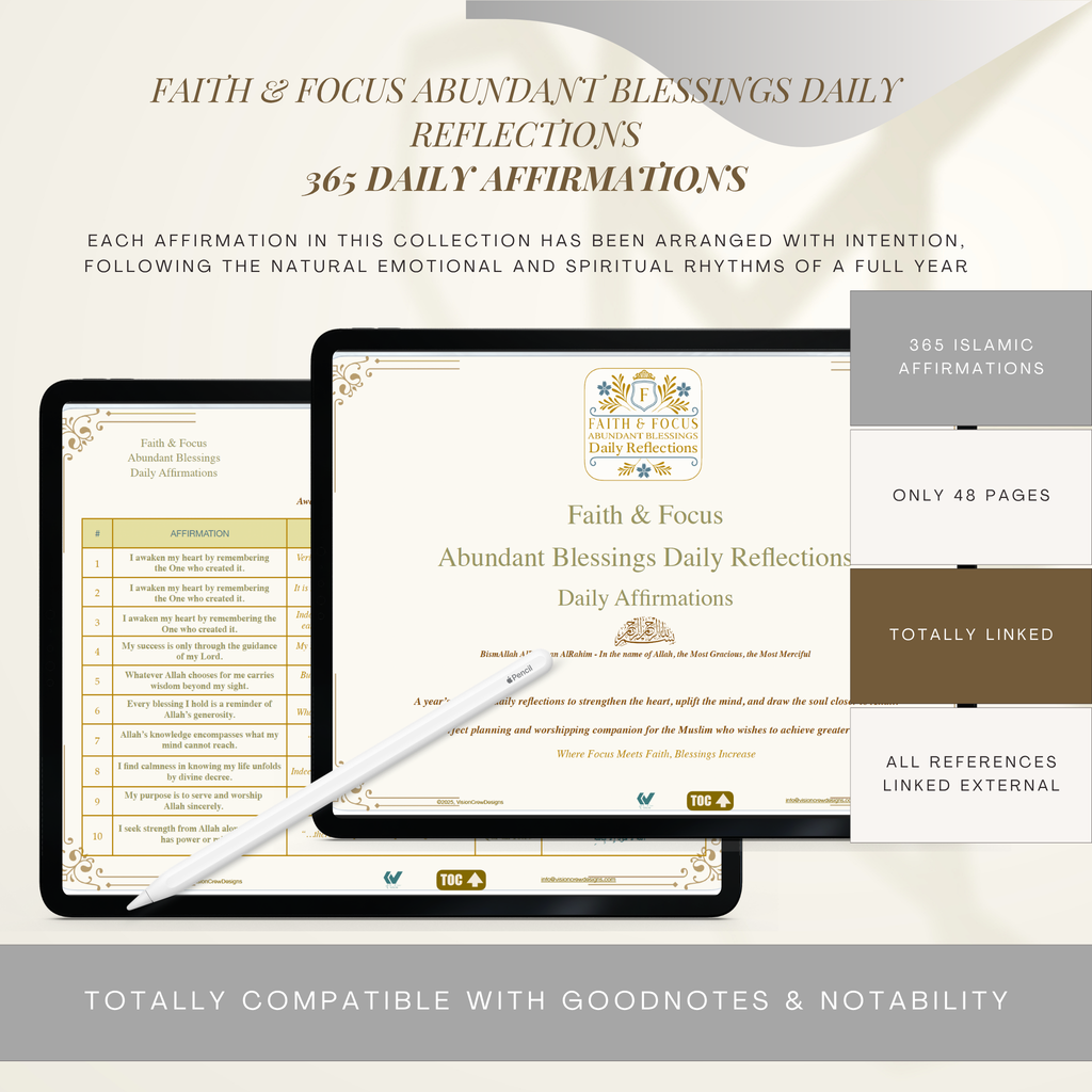 Sample page of Islamic affirmations journal showing daily affirmations with Quran references and Arabic source text