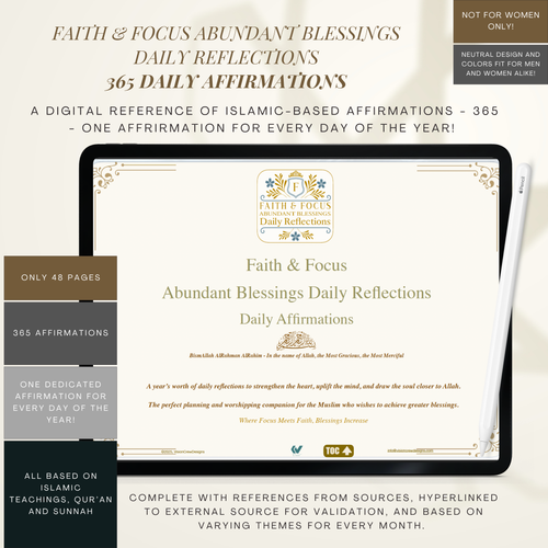 Faith & Focus 365 Islamic affirmations daily reflections journal featuring Quran and Sunnah-based affirmations for spiritual growth and consistency.