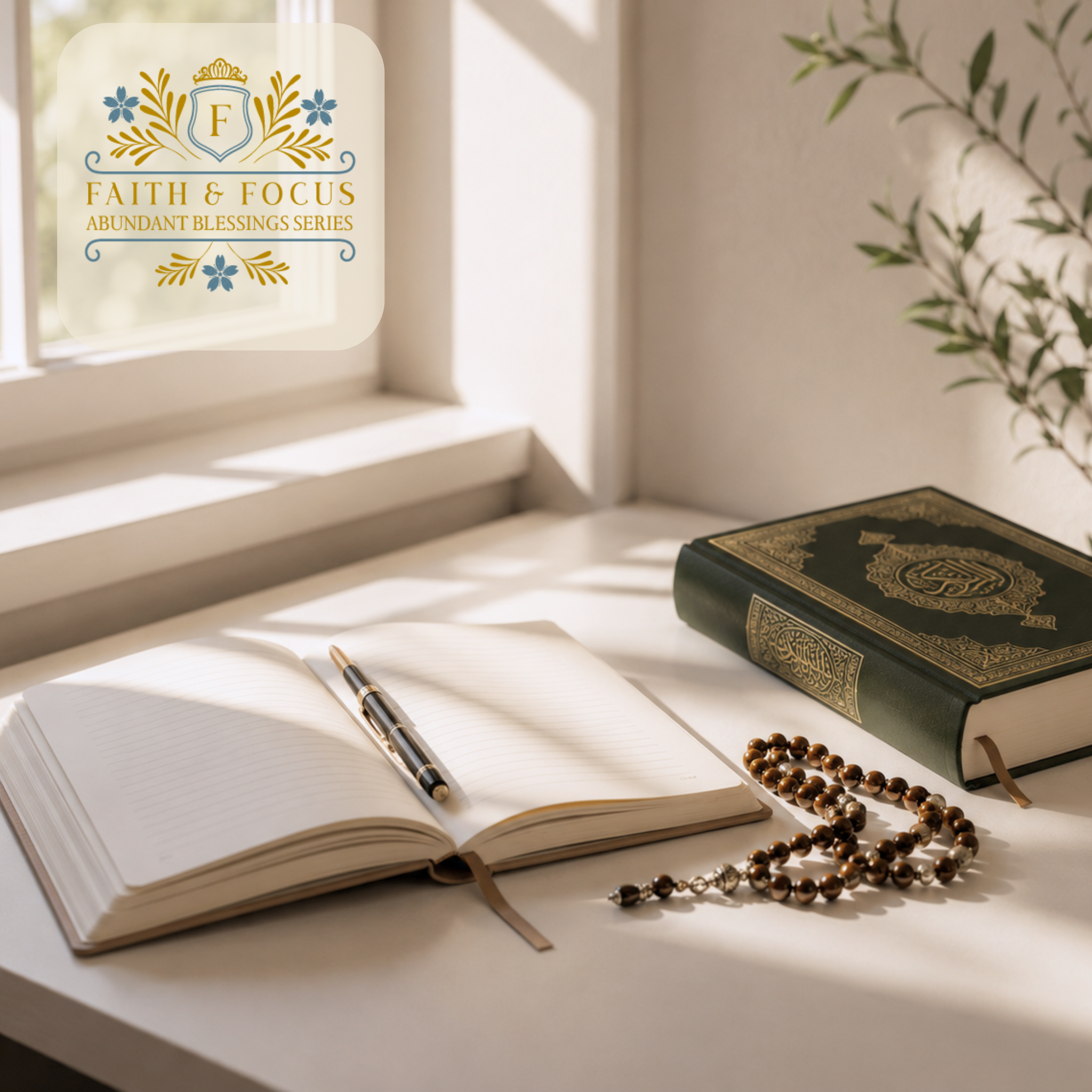 Faith & Focus Journal home image with an open journal, Qur'an, and prayer beads representing reflection, worship, and steady spiritual growth.