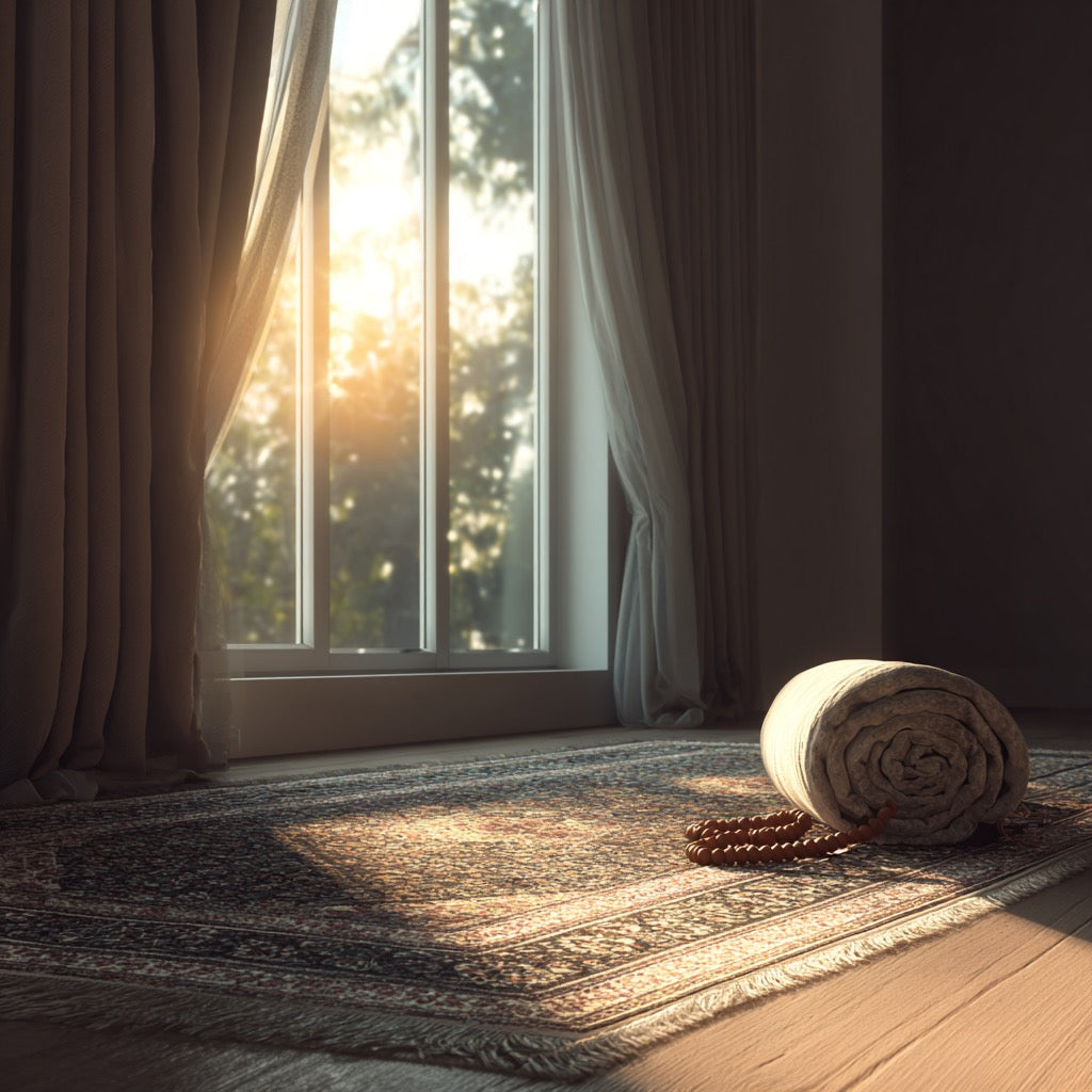 Soft morning light over a prayer mat and tasbeeh near a window, representing a peaceful Fajr prayer and reflection moment.