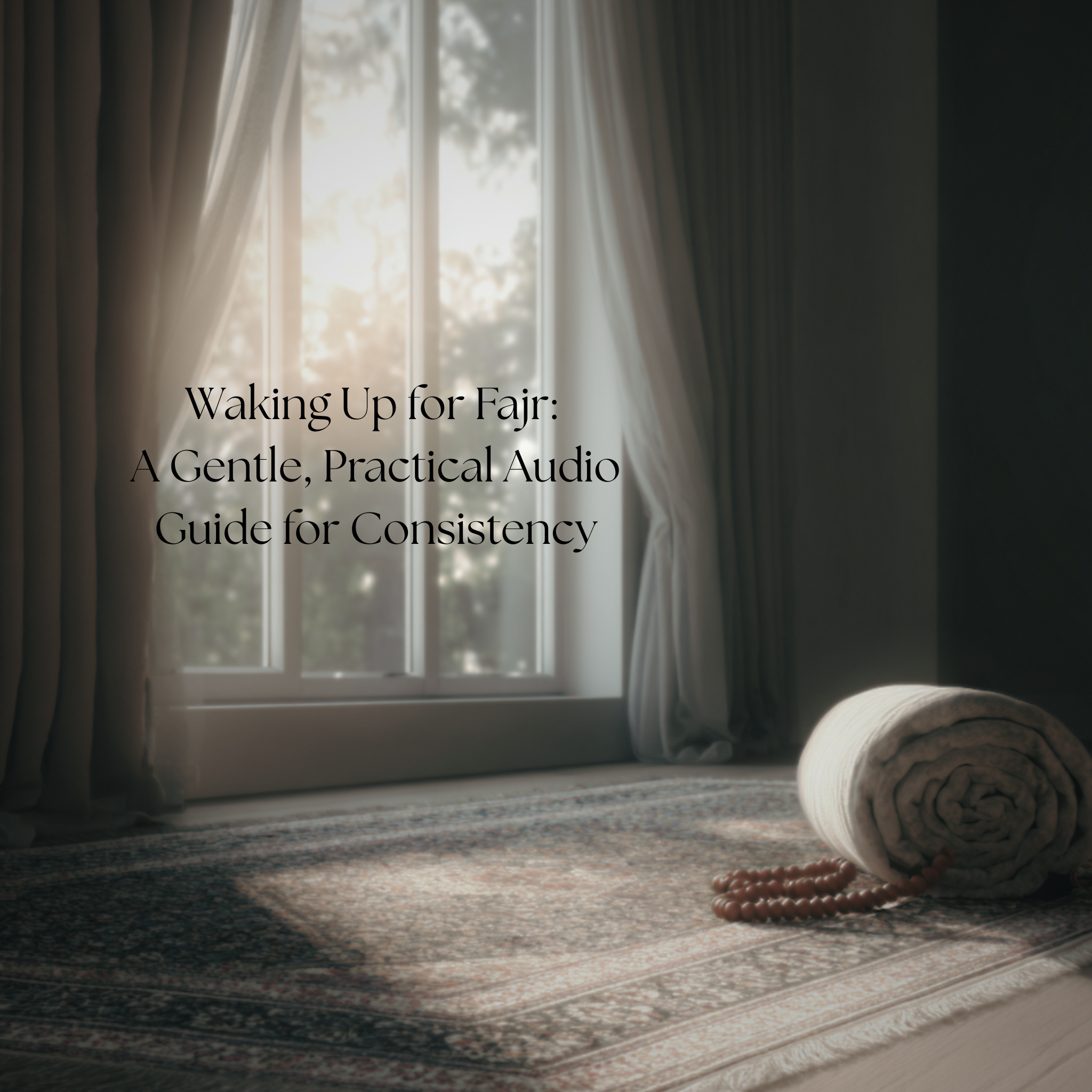 Soft morning light over a prayer mat and tasbeeh near a window, representing a peaceful Fajr prayer and reflection moment.