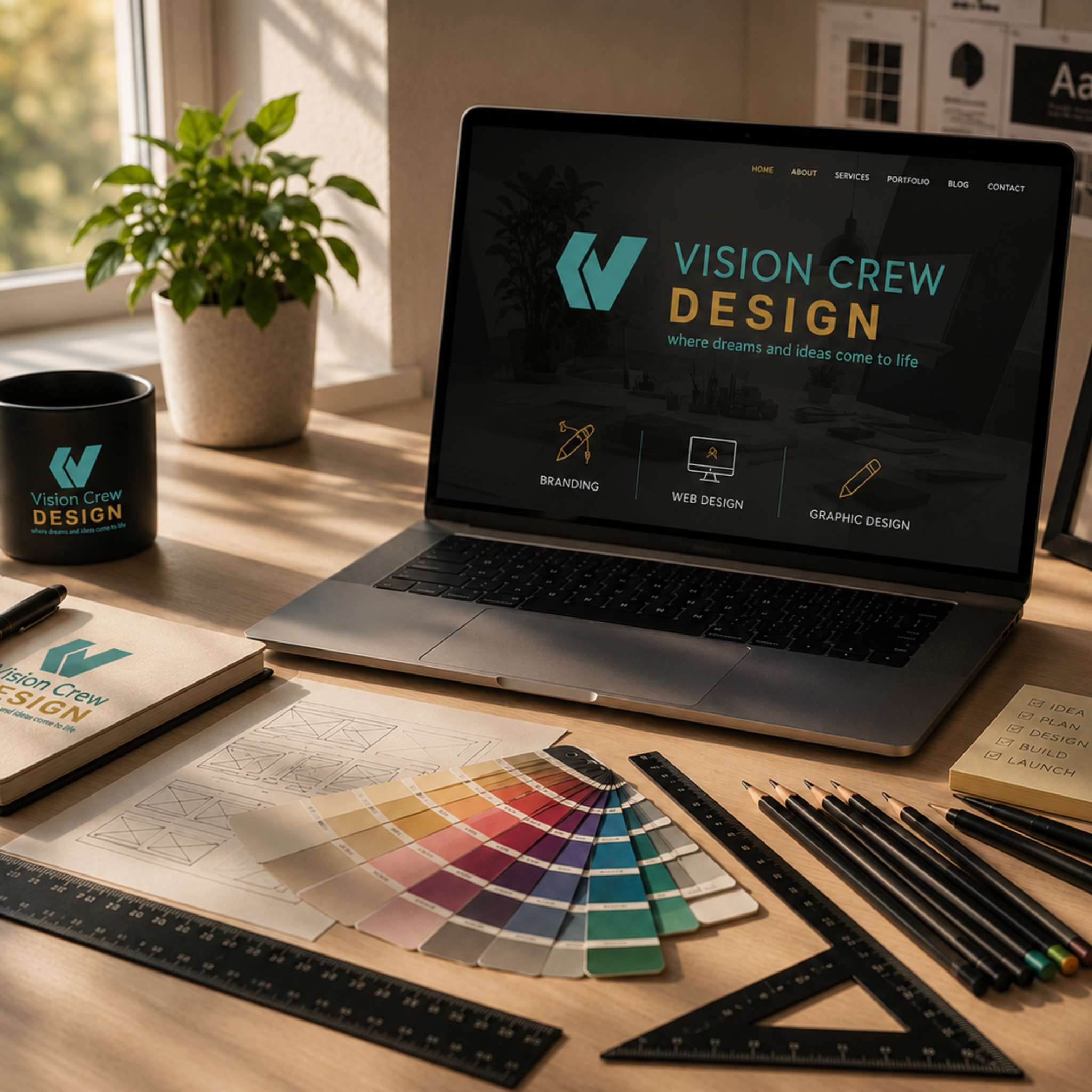 Vision Crew Design Journal workspace showing website design, branding, graphic design tools, and creative planning.
